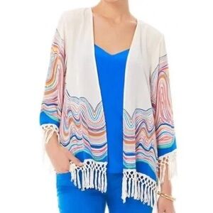 Lilly Pulitzer White Fringe Open Kimono “The Catch Stripe” Tara Top